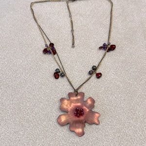 Alexis Bittar Carved Lucite Flower Pendant Gunmetal Chain Crystal Faux Pearls